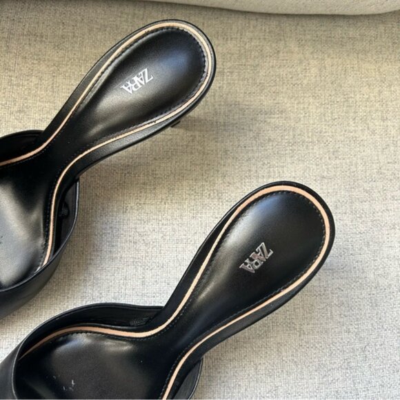 ZARA Leather Peep Toe Black Heel Sandals - Picture 8 of 11